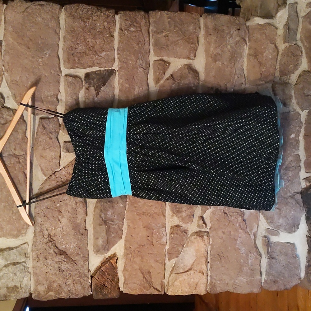 Black polka dot dress with blue sash